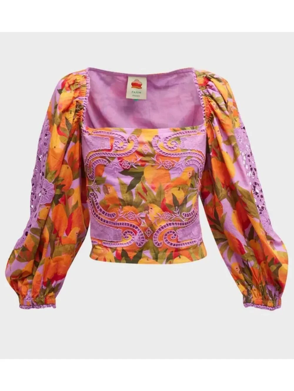 Farm Rio Mango Macaws Puff Sleeve Orange and Purple Eyelet Blouse large